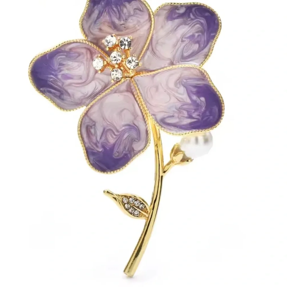 Lavender Crystal Flower Brooch – Purple Enamel Floral Rhinestone Pin